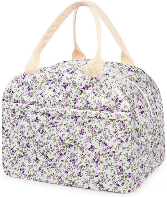 Cotton Quilted Insulated Lunch Bag, Cute Quilted Floral Lunch Tote Bags Reusable Insulated Lunch Box Coquette Aesthetic Large Capacity Insulated Cooler for Women Men Work Travel Picnic (Purple)