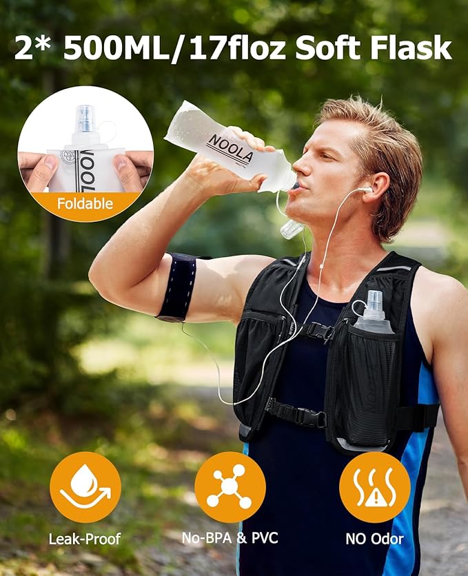 NOOLA Running Vest with Dual 500ml Soft Flask, Lightweight Hydration Vest for Women Men, Water Backpack with Adjustable Strap