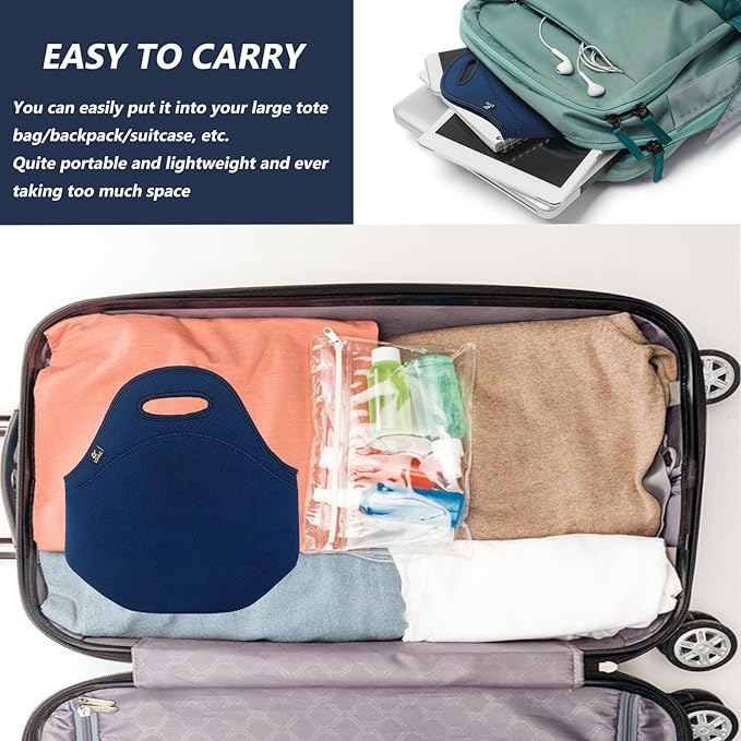 LOVAC Neoprene Lunch Bag, Thick Insulated Lunch Bag - Durable & Waterproof Lunch Tote With Zipper For Outdoor Travel Work (Blue)