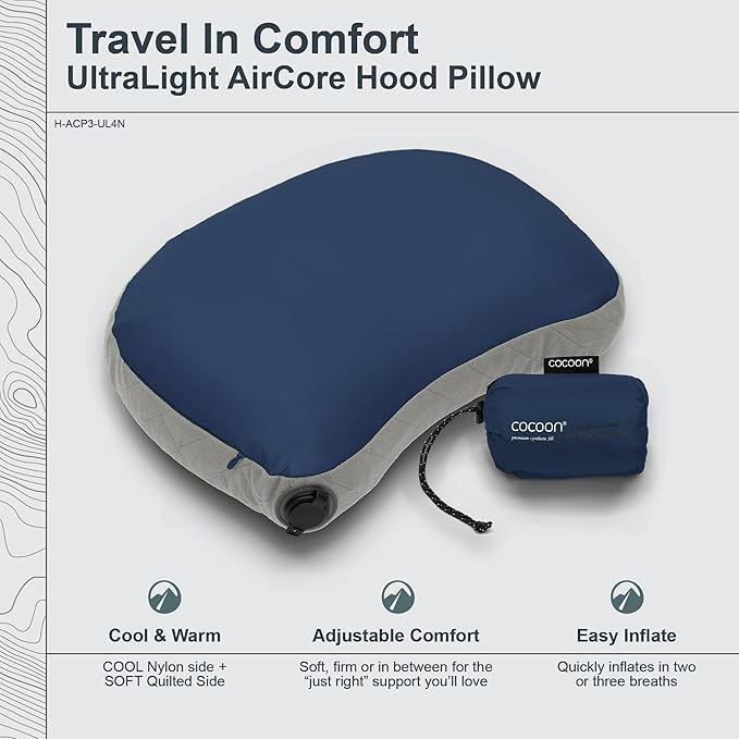 COCOON- Premium - Ultralight Inflatable AirCore Shaped Pillow - Washable Travel Air Pillows for Camping, Hiking, Backpacking (Regular 11" x 15")