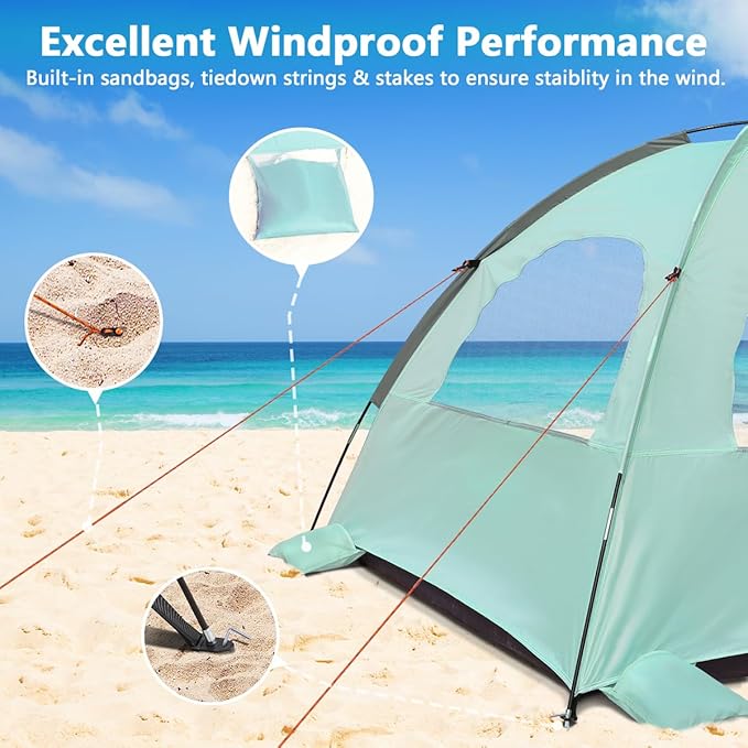 NXONE Beach Tent Sun Shade Shelter for 6 Person with UV Protection, Extended Floor, 3 Mesh Roll Up Windows & 8.5mm Fiberglass Rods丨Carry Bag Included (Mint Green)