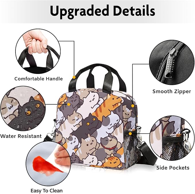 Lunch box Kids,Insulated Cat Lunch Bag Cute Small Lunch Totebag Reusable Leakproof Lunch Bag With Shoulder Strap for Girls Boys Women School Work Picnic
