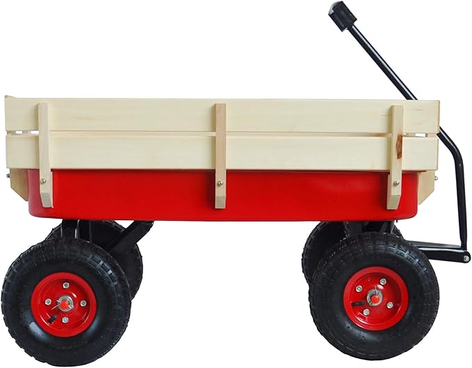 Outdoor Sport Wagon Tool Cart Wooden Side Panels Air Tires Buggy with Adjustable Handle,Detachable Wood Fence,for Outdoor Activities, Beaches, Gardens,Camping,39.37",Red
