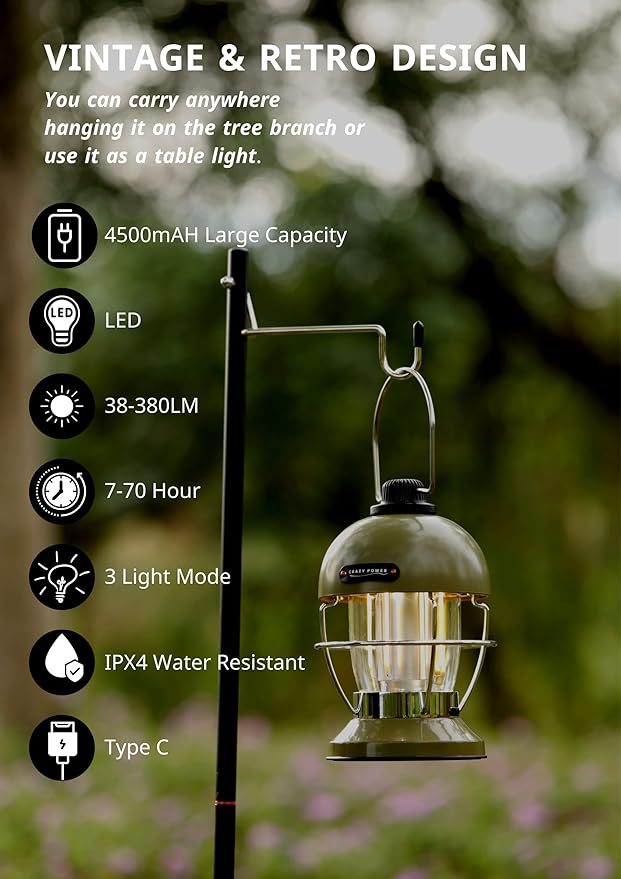 Crazy Power Camping Lantern Rechargeable LED Camping Light Premium Vintage Light 4500 mAh High Capacity Dimmable 3 Light Modes Waterproof for Camping Hiking Fishing Power Outages (CPB200 Red)