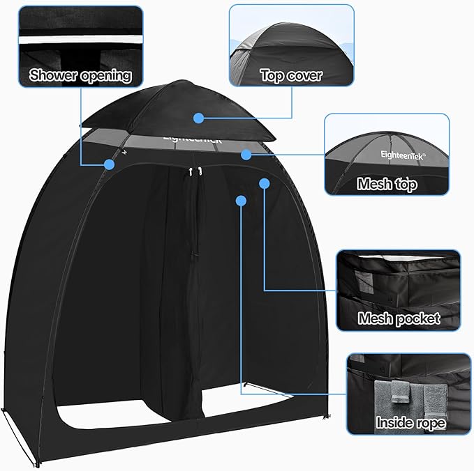 EighteenTek Camping Shower Tent, 2 Rooms with Doors, 83"x43"x80", Black, Portable, Windproof, Pop Up, UV Protection