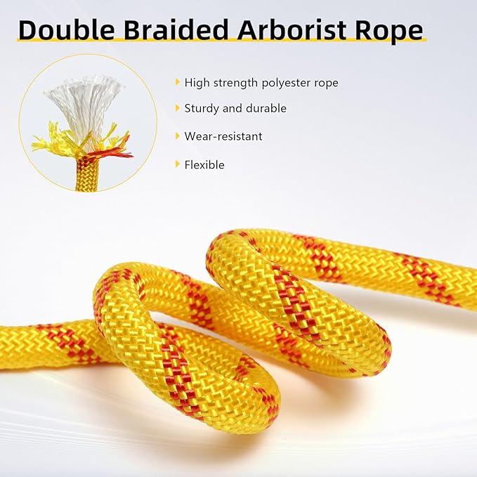 Arborist Rope, 1/2 Inch x 100 Feet Double Braided Climbing Rope Polyester for Outdoor, Climbing, Hiking, Swing, Tree Work, Halyard, Sailing etc(Yellow)