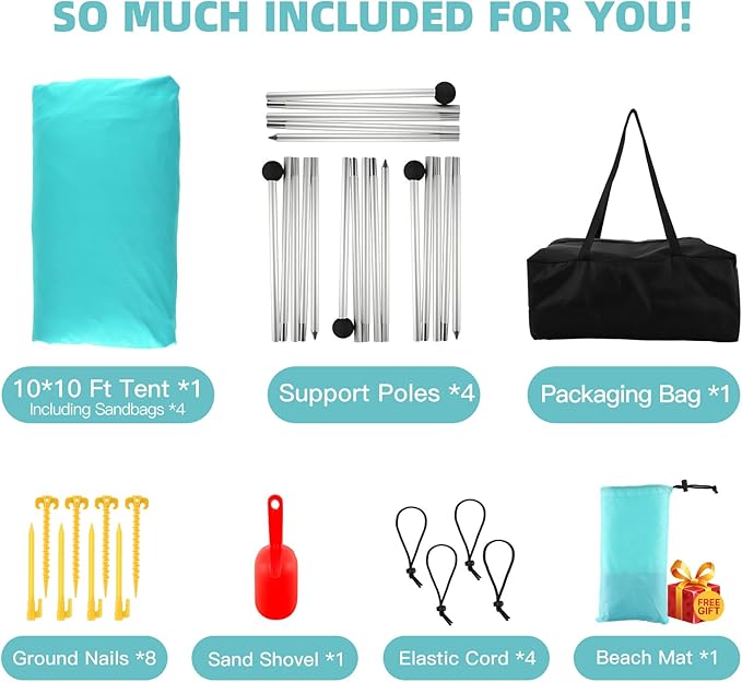 Beach Tent Sun Shelter UPF50+, 10x10 FT Family Beach Shade Canopy with 4 Aluminum Poles, Beach Blanket, Carrying Bag and Sand Shovel, Outdoor Pop Up Tent for Beach Camping Trips