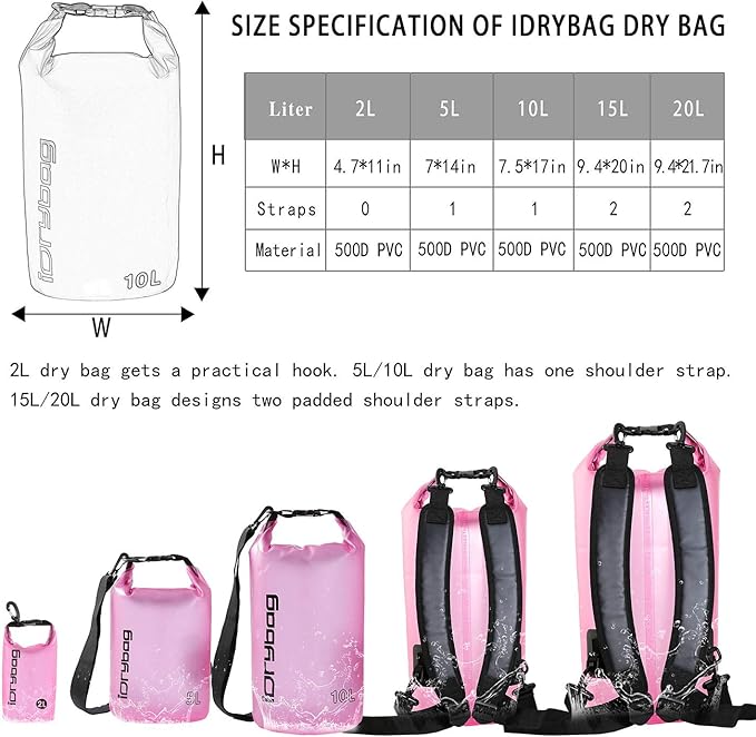 IDRYBAG Clear Dry Bag Waterproof 2L/5L/10L/15L/20L, Small Dry Sack Waterproof Bag for Kayaking