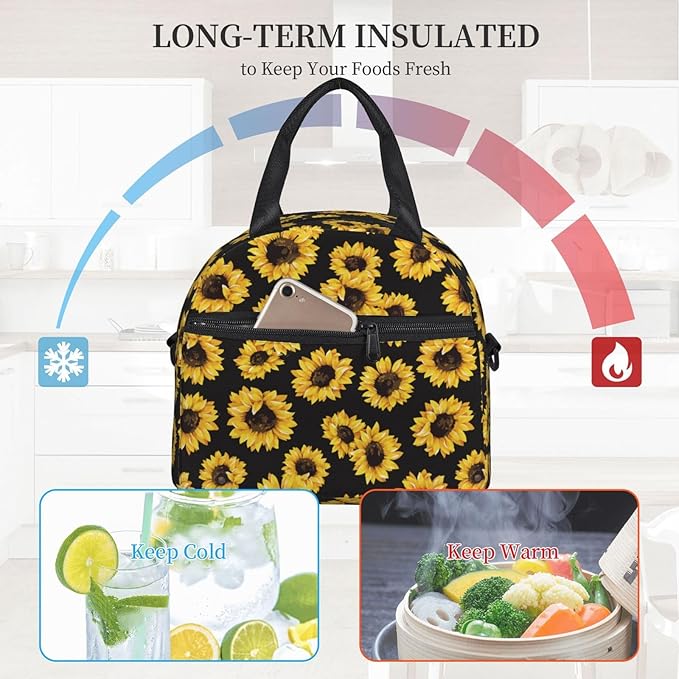 bassyil Classic Sunflower Lunch Box Reusable Insulated Totes Lunch Bag Thermal Cooler Adjustable Shoulder Strap Bag For Men Women