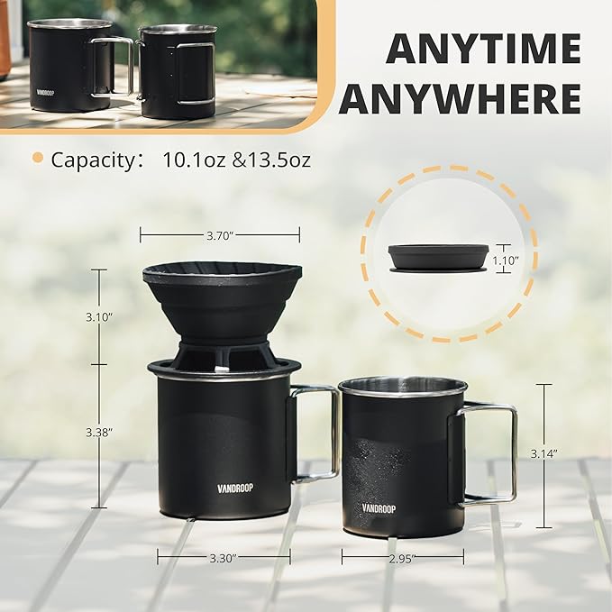 Portable Pour Over Coffee Maker Set, Collapsible Silicone Coffee Dripper Set, Perfect for Travel, Camping, Home (BLACK CUP 2CUP)