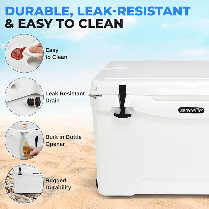 SereneLife 75-Quart Heavy-Duty Portable Cooler Box – Holds 63 Cans, 2L Bottles Upright – 5-Day Ice Retention – Rugged Ice Chest for Camping, Tailgating, Fishing, Beach & Outdoor Use (White)