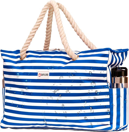SHYLERO Beach Bag and Pool Bag. Has Airtight Pouch, Ton of Pockets. Beach Tote is Zippered, Water Resistant. Family Size