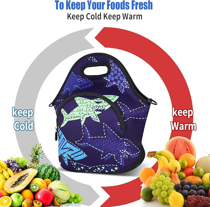 Violet Mist Shark 7 Inch Neoprene Lunch Bag, Reusable Insulated Food Carrier with Adjustable Shoulder Strap, 12.6 x 11.8 x 6.24 Inches