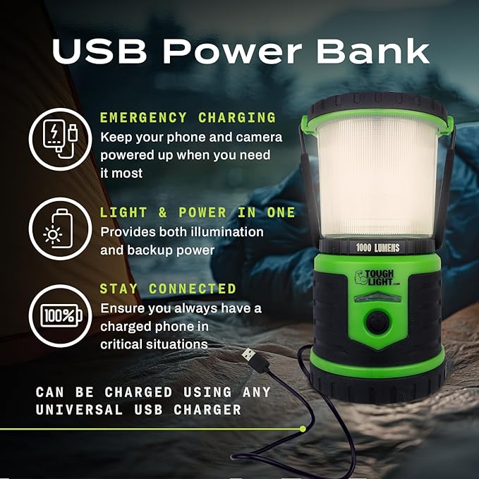 USB Rechargeable Camping Lantern, 1000 Lumens LED Lantern, Tent Lamp, 12000mAh Power Bank, 400 Hour, 7 Modes, Candle Feature, for Outdoors & Emergency