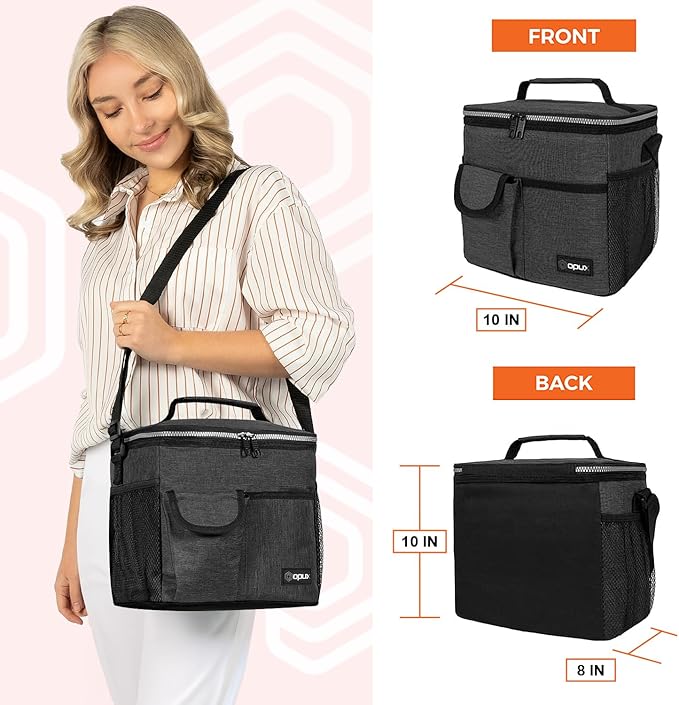 opux Insulated Lunch Bag for Men Women, Leakproof Charcoal Grey Lunch Box for Work, Portable Soft Lunch Cooler Bag with Shoulder Strap, Adult Lunchbox Lunch Pail for Kid Boy Girl School, 18 Can/10L