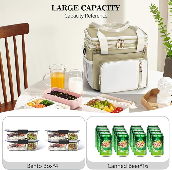 Lunch Box & Lunch Bag for Women Men, Large Insulated Adult Lunch Box Leakproof Lunchbox Cooler Bag for Work Picnic Beach,16L, Beige & White