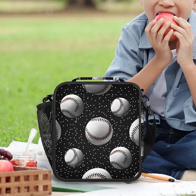 Baseball Black Kid Lunch Bags with Shoulder Strap Insulated Lunch Boxes for Boy Girls Waterproof Thermal Cooler Tote Bag Portable Picnic Bag for School Work Outdoor Gifts
