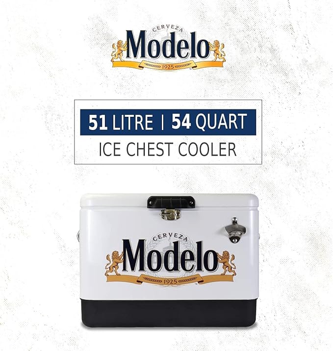 Modelo Ice Chest Cooler - Portable Ice Bucket with Bottle Opener, Vintage Style, Insulated for Camping, Beach, Picnic, RV, BBQs, Tailgating, Fishing, Stainless Steel 85 Can Ice Box, 51L (54 qt)