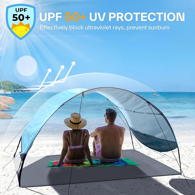 Sportneer Beach Tent Sun Shelter Beach Shade Canopy UPF 50+ UV Protection with 8 Wind Ropes and 12 Ground Stakes for Beach Camping Backyard Picnic Outdoor