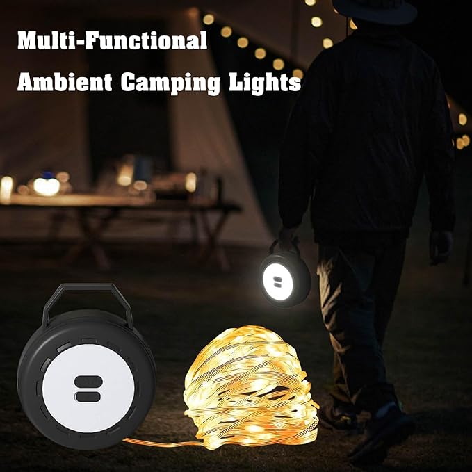 Retractable Camping String Lights Reel, Portable Stowable Rechargeable Strip Light, Waterproof Tent Lantern for Outdoor Hiking Awning Garden Party Festival Decor (Black)
