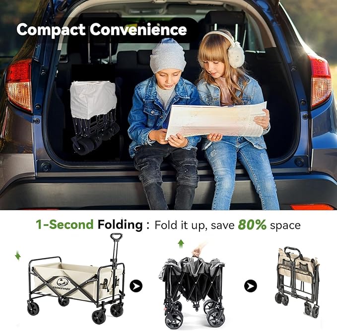 Folding Wagon Cart, Portable Large Capacity Beach，Heavy Duty Utility Collapsible with All-Terrain Wheels，Cart Foldable Wagon for Camping,Shopping,Beach, Garden(Beige)