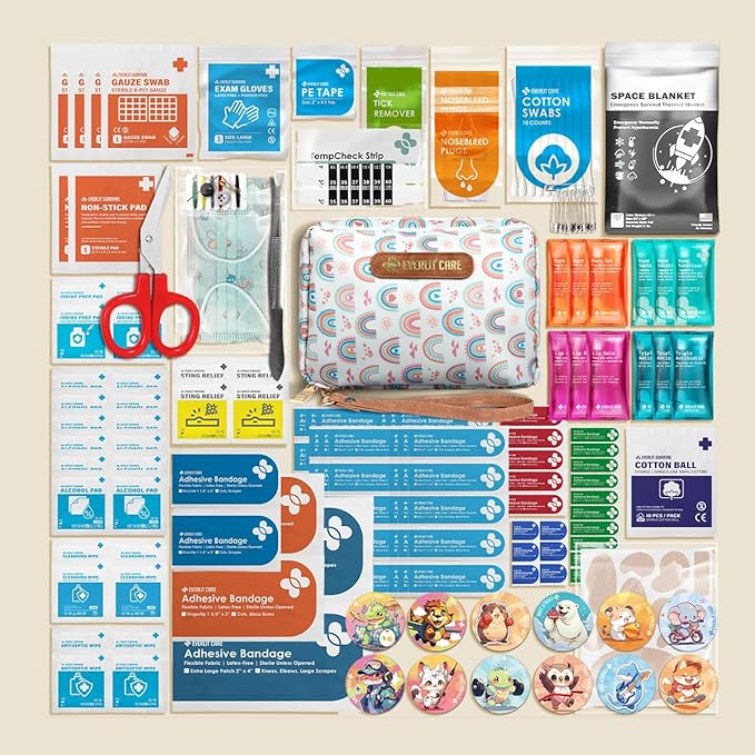 EVERLIT Care Rescue Pack | Family-Friendly First Aid Kit for Kids with 200 Pcs Medical Supplies | Travel-Friendly Compact Storage Bag for Home, Car, Travel, Camping, Adventure (Rainbow)