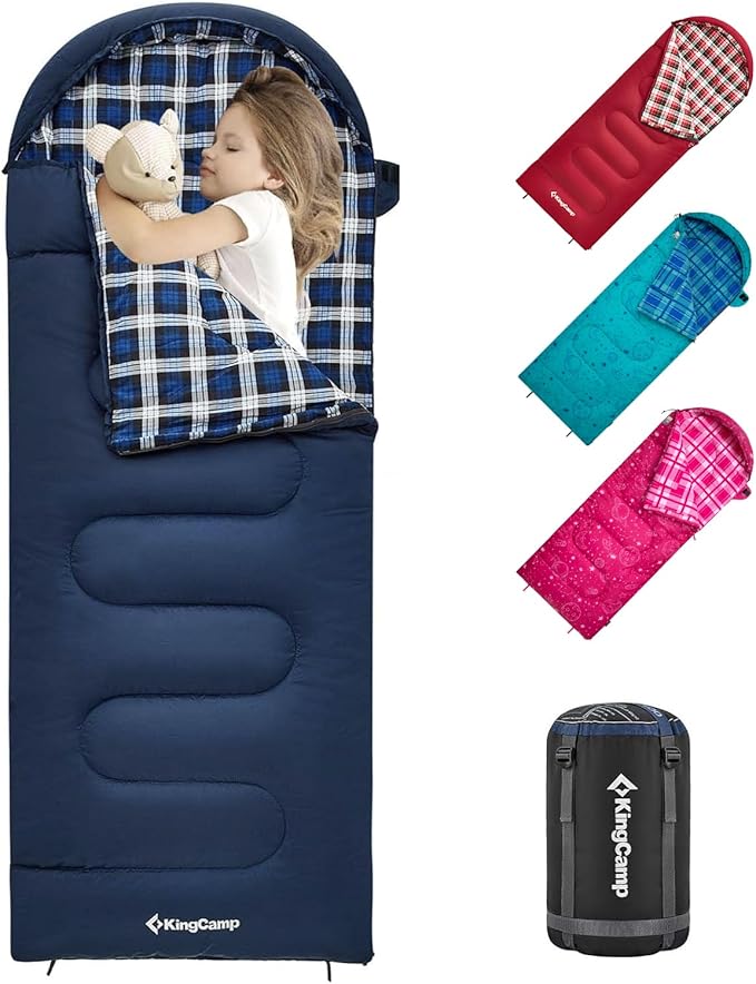 KingCamp 45°F Kids Sleeping Bag, Lightweight Waterproof & Compact Flannel Sleeping Bags Cold Weather & Warm Youth Essentials Gear Accessories for Camping, Fits 10-12 Children up to 5'5" Tall