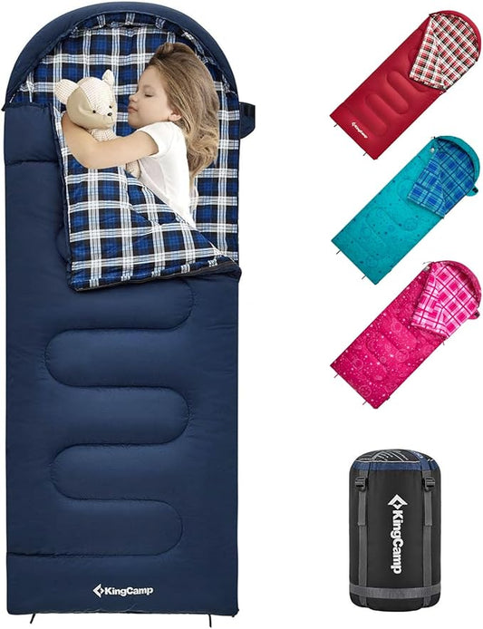 KingCamp 45°F Kids Sleeping Bag, Lightweight Waterproof & Compact Flannel Sleeping Bags Cold Weather & Warm Youth Essentials Gear Accessories for Camping, Fits 10-12 Children up to 5'5" Tall