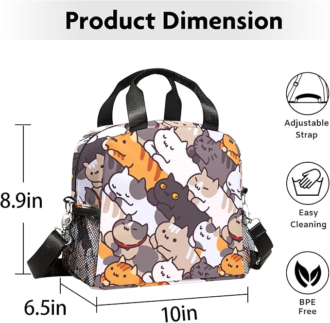 Lunch box Kids,Insulated Cat Lunch Bag Cute Small Lunch Totebag Reusable Leakproof Lunch Bag With Shoulder Strap for Girls Boys Women School Work Picnic
