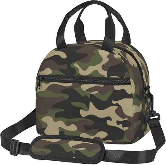 bassyil Camo Insulated Lunch Bag Reusable Lunch Box With Adjustable Shoulder Strap Cooler Tote Bag For Men Women