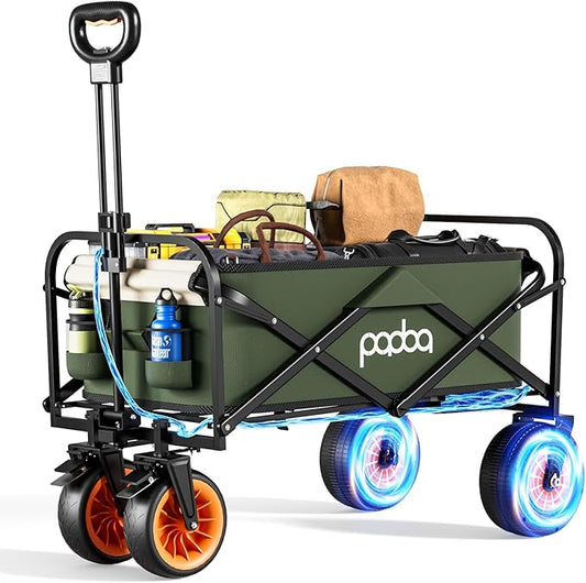 Electric Assistance Collapsible Folding Garden Wagon, 300LBS Grocery Cart with Big All-Terrain Wheels, Portable for Camping Outdoor Beach Fishing Picnic Sports Shopping (Green)