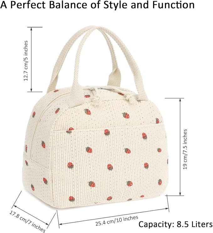 Lunch Bag, Beige Corduroy with Strawberry Pattern, Insulated Thermal Tote, Portable and Reusable Cooler for School or Work, 8.5L