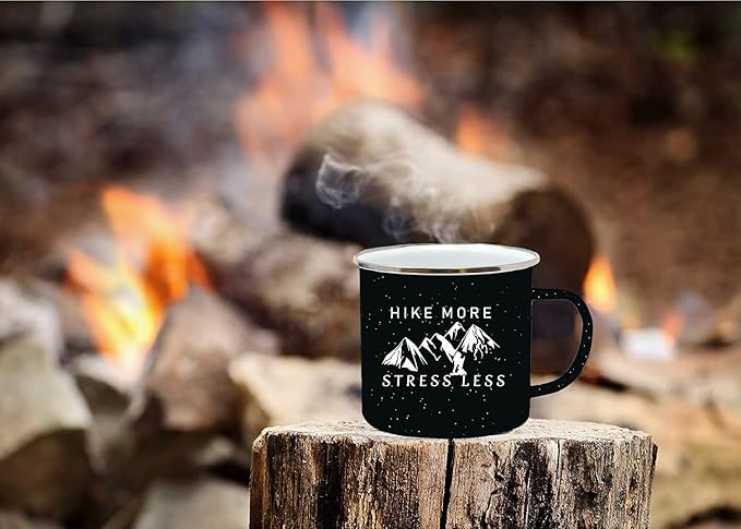Rogue River Tactical Funny Black Large Camp Mug Enamel Camping Coffee Cup Gift Hike More Stress Less Camping Gear