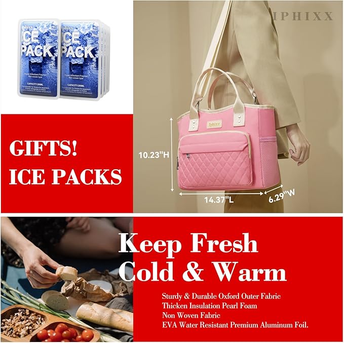 Lunch Bag Women Insulated Lunch Box for Adults - Leakproof Large Purse Lunch Tote Bags for Women with Adjustable Shoulder Strap Zipper Side Pockets for Work