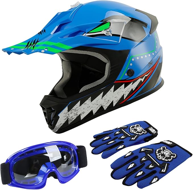 TCT-MOTORPARTS DOT Youth Kids Motocross ATV Helmets Offroad Street Dirt Bike Go-Kart BMX MX Full Face Helmet Blue w/Shark Mouth X-Large Size