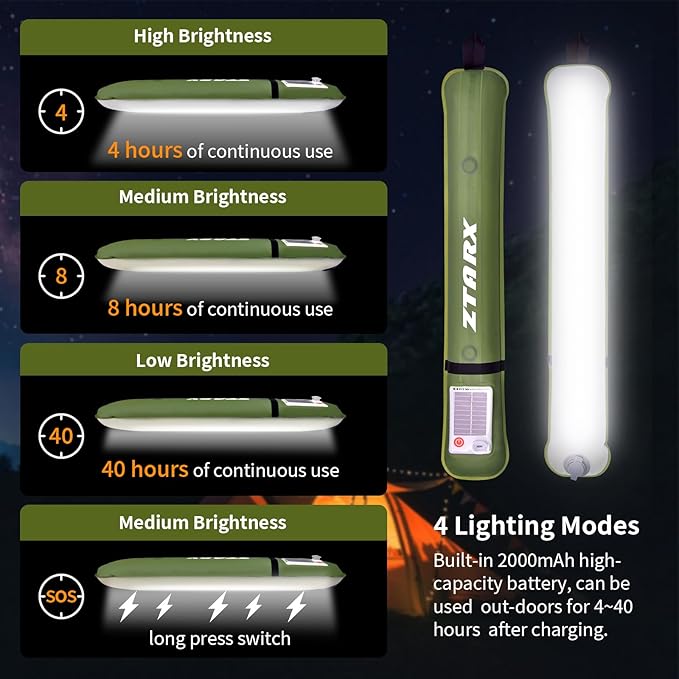 Inflatable Light Tube Video Light Stick, LED Solar Camping Light Portable and Foldable, USB Outdoor Photography Light，4 Types of Lighting