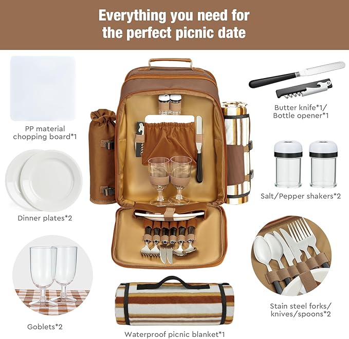 Couple Gifts 24L Picnic Basket Set, Brown Insulated Picnic Backpack for 2, Leak Proof Cooler Camping Gifts, Cool Bridal Shower Gifts Anniversary Engagement Wedding Gifts for Couples, Mr and Mrs Gifts