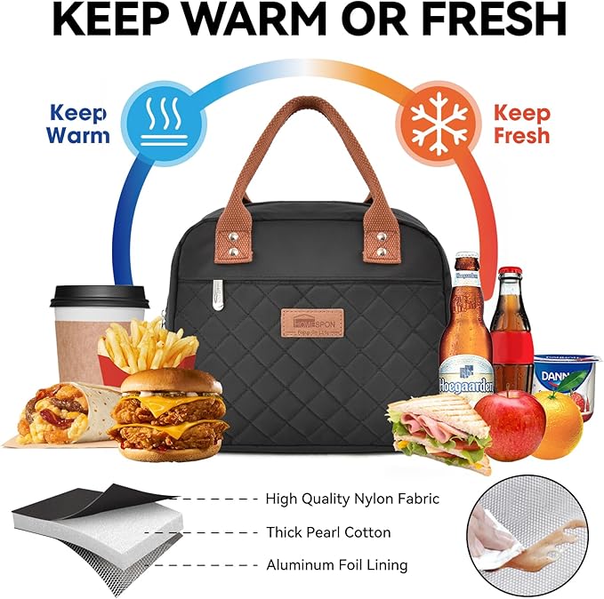 HOMESPON Insulated Lunch Bag for Women Men Adults Lunch Tote with Front Pocket Lunch Box Container Cooler Bag for Work Picnic (Black with Side Pockets)