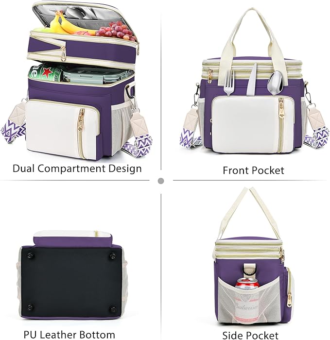 LOKASS Lunch Box for Women-16L-Insulated Lunch Bag Women, Expandable Double-layer Leakproof Cooler Bag with Upgrade Adjustable Shoulder Strap Ideal for Work/Picnics（Purple）