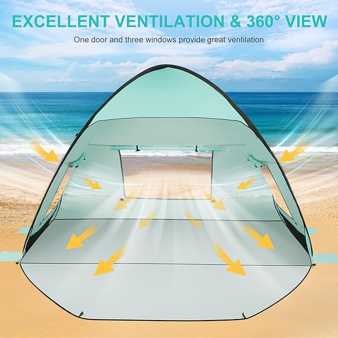 TOBTOS UPF 50+ Pop Up Beach Tent, Easy Set Up Beach Umbrella, Sun Shelter for 2-3 People UV Protection Portable Sunshade, Baby Canopy Cabana, Lightweight with Carry Bag