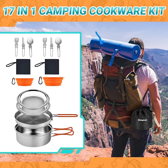 KingCamp Camping Cookware, Lightweight Cook Set Non-Stick Stainless Steel Essentials Mess Kit with Pot Pan Cups Plates Forks Knives Spoons for Camping Backpacking Outdoor Picnic