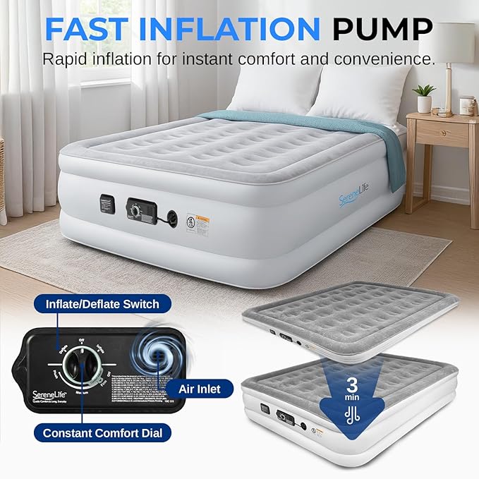 SereneLife Air Mattress with Built-In High Speed Pump – Self Inflatable Blow Up Full Size Airbed for Camping, Guests, Home & Travel – 18" Premium Raised Design, 700 lbs Capacity, Strong Spine Support