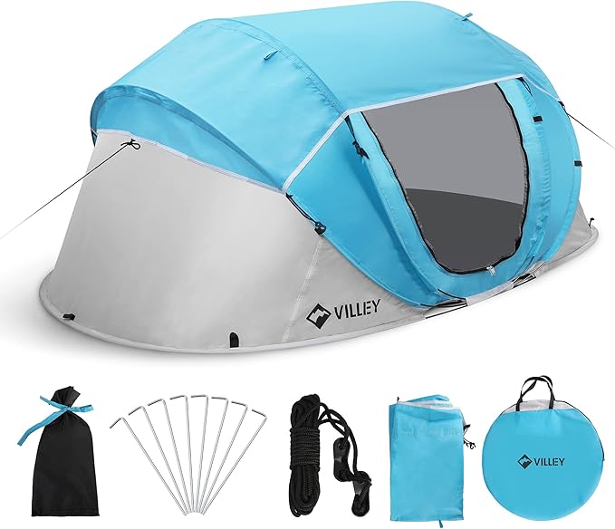 VILLEY 2 Person Easy Pop Up Tent, Waterproof Automatic Setup Instant Lightweight Camping Beach Tent with Carrying Bag for Camping, Hiking & Traveling