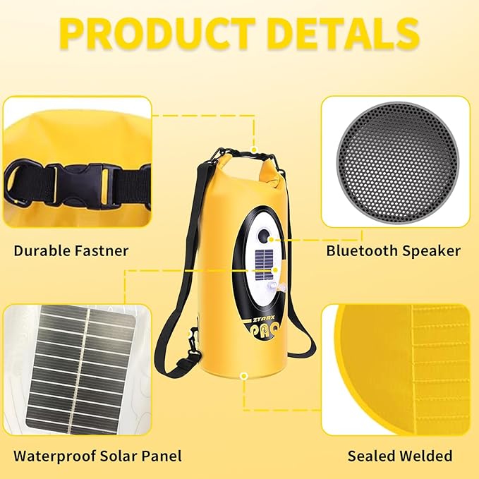 Solar Dry Bag Backpack 10L,Built-in Bluetooth Speaker & LED(4 Lighting Modes),Solar or USB Rechargeable,IP66 Waterproof Floating