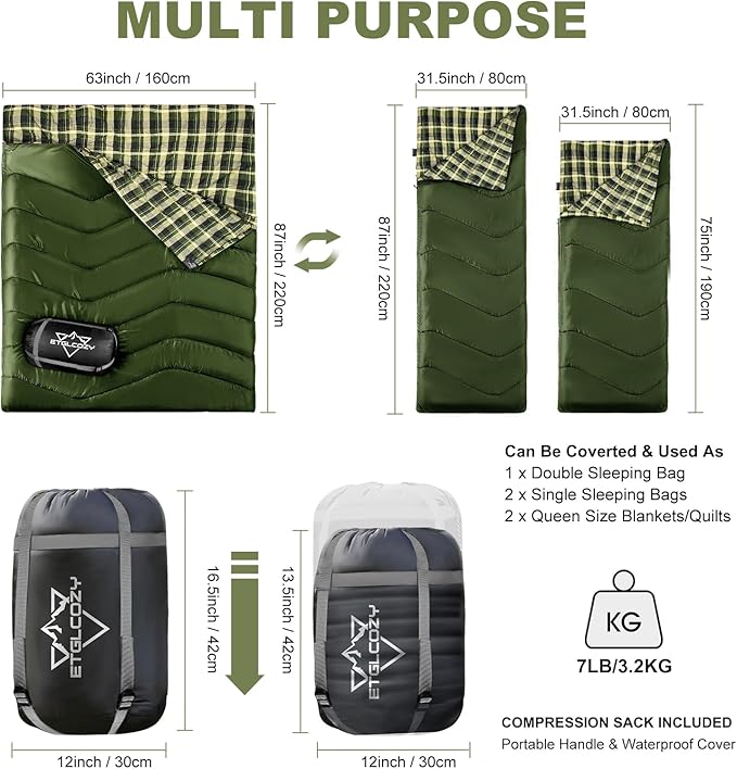 Double Sleeping Bag for Adults Kids Camping, XL Queen Size Sleeping Bags for 2 Person All Season Hiking Backpacking, Lightweight Waterproof with Compression Sack