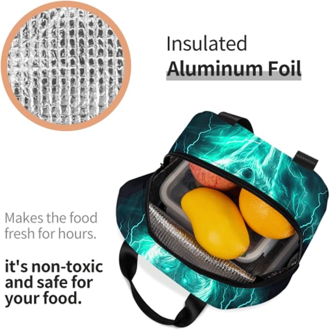 Giwawa Wolf Lunch Bag Fire Animal Print Lightning Insulated Kids Lunch Box Reusable Thermal Cooler Lunch Tote Bag Food Container for Teens Adults Girls Boys School Men Women Travel