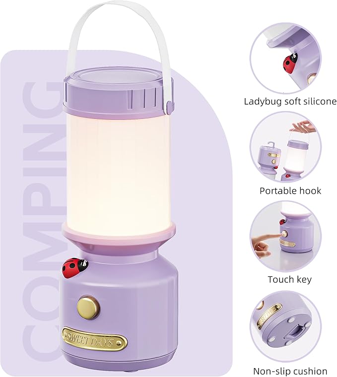 HOMY Retro 7-Star Ladybug Camping Lamp for Kids - USB Rechargeable Kids Lantern, 3-Color Dimmable LED, Tent Hook & Handle, Safe Night Light for Outdoor/Kids Camping Essentials