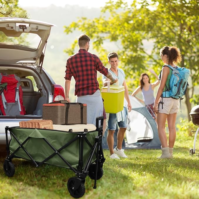 Folding Portable Large Sturdy Camping Wagon Carts, Utility Grocery Shopping Cart, Garden Farm Transport Cart, 360°Swivel Wheels & Brakers, Green