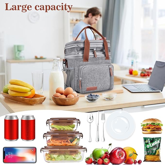 LOKASS Lunch Box for Women/Men-16L-Insulated Lunch Bag, Expandable Double-layer Leakproof Cooler Bag with Upgrade Adjustable Shoulder Strap Ideal for Work/Travel/Picnics（Gray）