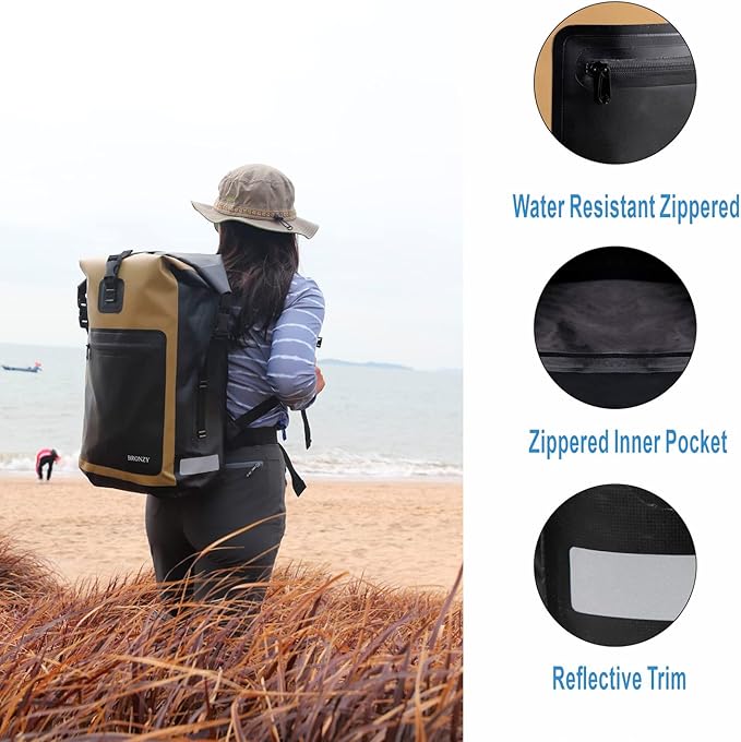 BRONZY Waterproof Backpack Dry Bag 30L Roll Top Closure With Front Zippered Pocket Heavy Duty Breathable Foam Padded Backing For Kayaking Camping Boating Hiking Beach (Khaki)